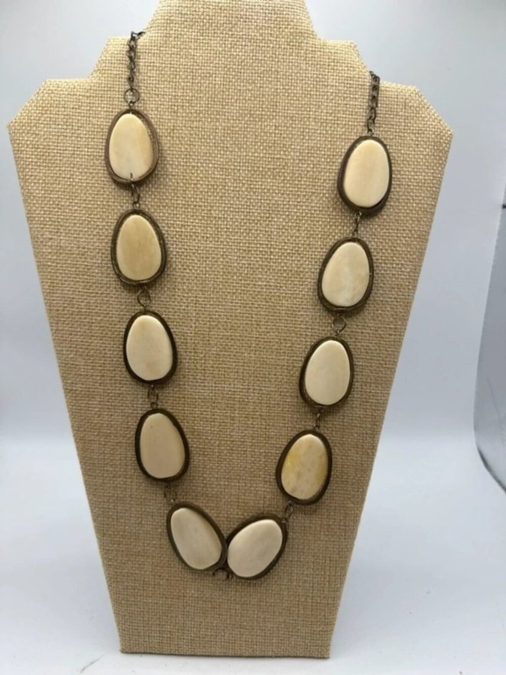 Long Cream Faux Stone Statement Necklace Antique Bronze Tone Boho